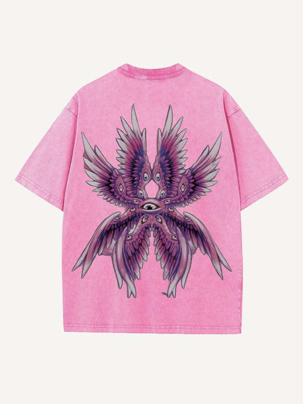 Distressed Washed Eye&Wing Print Round Neck T-shirt