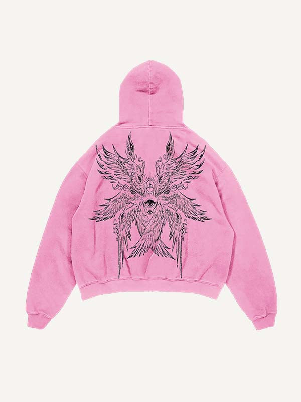 Distressed Washed Wing&Eye&Tears&Graphic Print Slant Pockets Hoodie