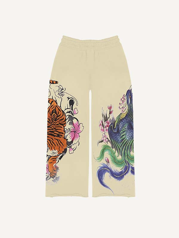 Dragon&Tiger&Phoenix Print Drawstring Waist Pants