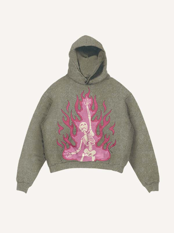 Distressed Washed Pink Fire Skeleton Print Slant Pockets Hoodie