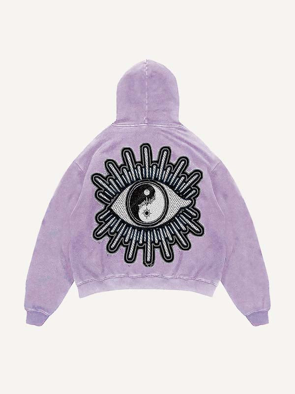 Distressed Washed Sun&Moon&Star&Eye Graphic Faux Decal Print Slant Pockets Hoodie