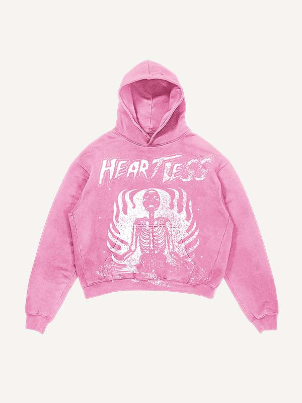 Distressed Washed Heartless Skeleton&Letter Print Slant Pockets Hoodie