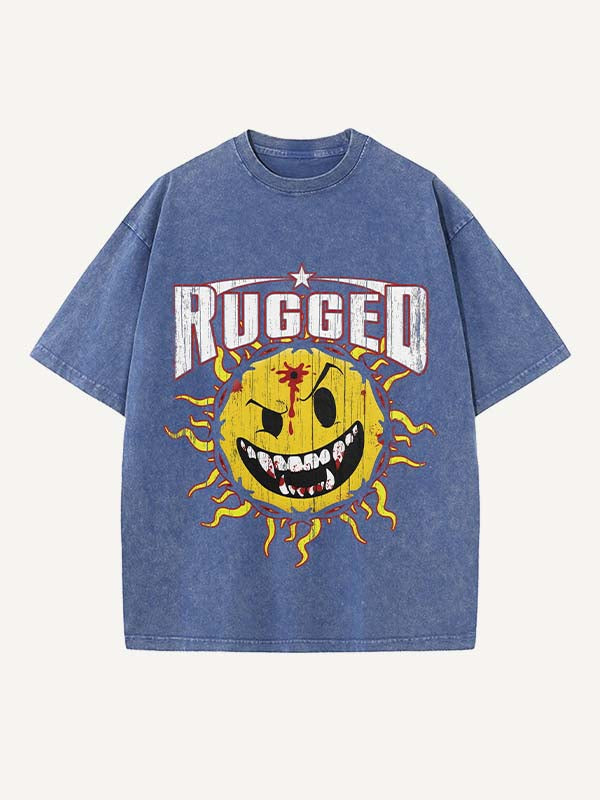 Distressed Washed Evil Sun&Letter Print Round Neck T-shirt