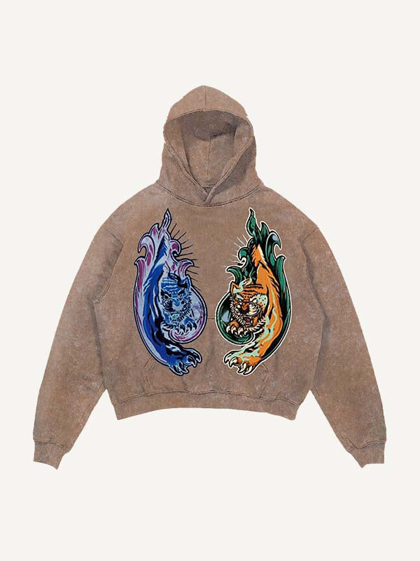 Distressed Washed Tiger&Snake&Panther Print Slant Pockets Hoodie