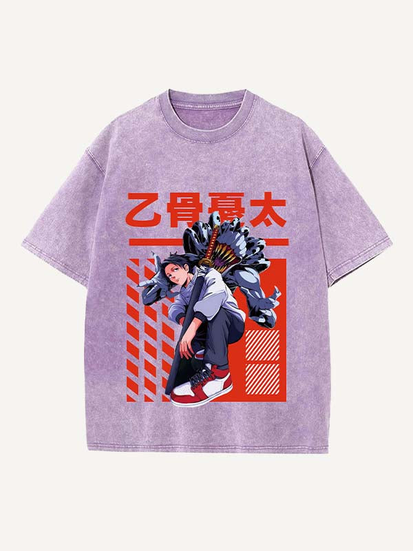 Distressed Washed Figure&Sword&Monsters&Letter Print Round Neck T-shirt