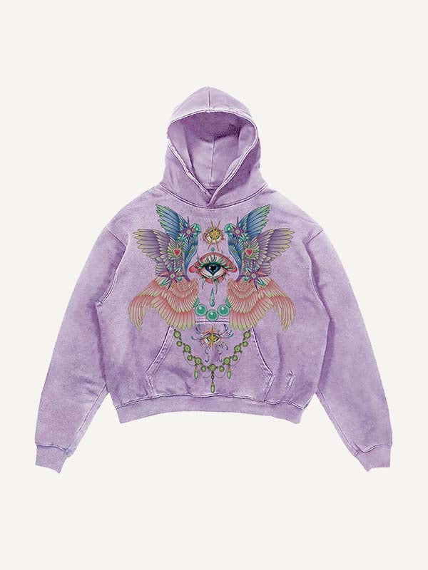 Distressed Washed Eye&Wing Print Slant Pockets Hoodie