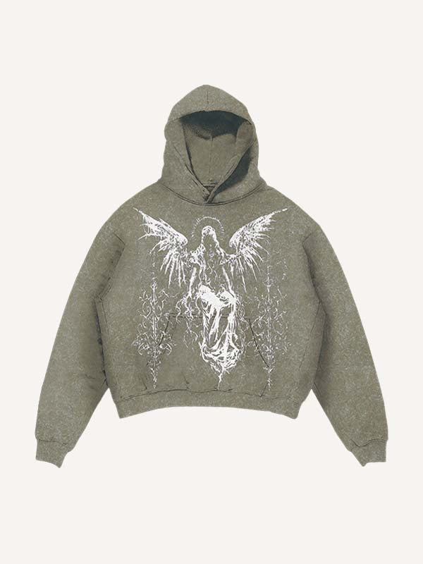 Distressed Washed Figure&Wing Graphic Print Slant Pockets Hoodie