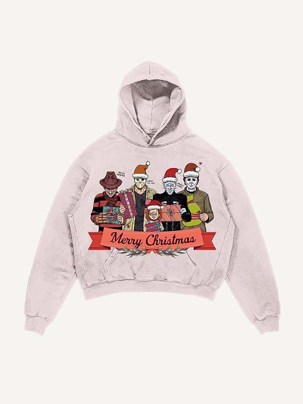 Distressed Washed Christmas Horror Print Slant Pockets Hoodie