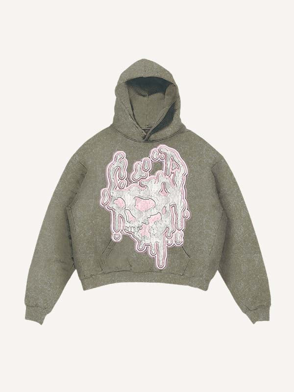 Distressed Washed Graphic Print Slant Pockets Hoodie