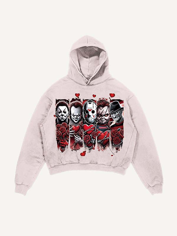 Distressed Washed Christmas Horror Print Slant Pockets Hoodie