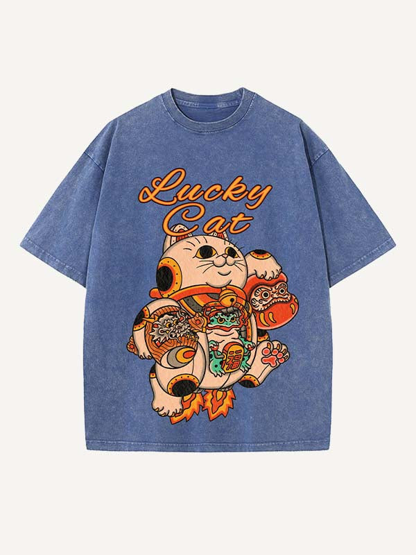 Distressed Washed Cat&Dragon&Animal&Graphic Print Round Neck T-shirt