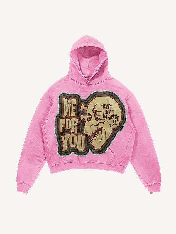 Distressed Washed Die For You Skull Faux Decal Print Slant Pockets Hoodie