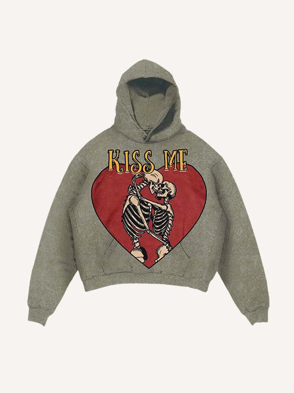 Distressed Washed Skeleton&Kiss Me Print Slant Pockets Hoodie