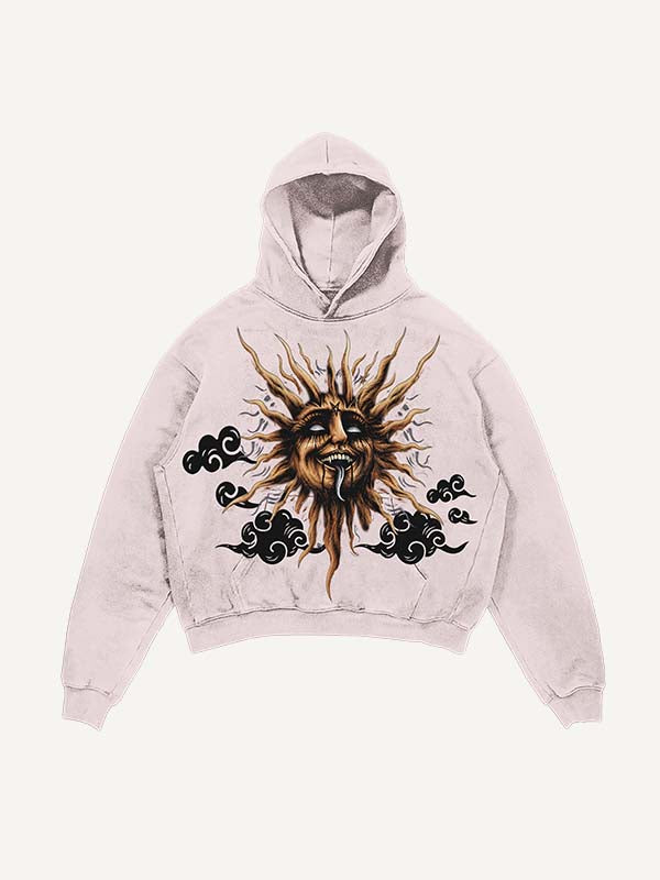 Distressed Washed Evil Moon&Sun&Cloud&Star Print Slant Pockets Hoodie