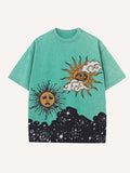 Distressed Washed Sad Sun&Moon&Eye&Cloud&Graphic Print Round Neck T-shirt