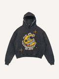 Distressed Washed Evil Moon&Sun&Star&Cloud Print Slant Pockets Hoodie