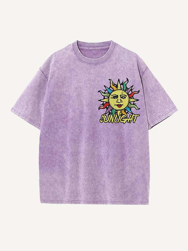 Distressed Washed Sun&Letter Print Round Neck T-shirt