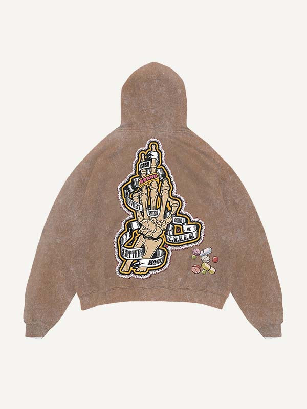 Distressed Washed Skeleton Injection Medicine&Letter Faux Decal Print Slant Pockets Hoodie