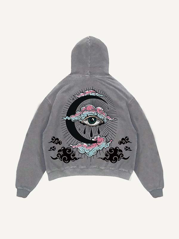 Distressed Washed Eye&Cloud&Moon&Graphic Print Slant Pockets Hoodie
