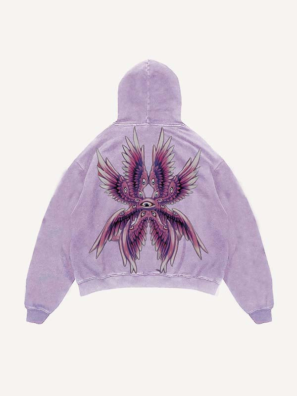 Distressed Washed Eye&Wing Print Slant Pockets Hoodie