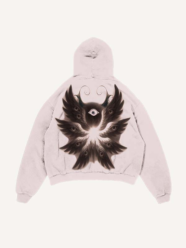 Distressed Washed Wing&Eye&Graphic Print Slant Pockets Hoodie