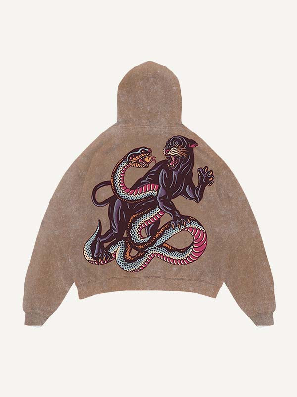 Distressed Washed Tiger&Snake&Panther Print Slant Pockets Hoodie