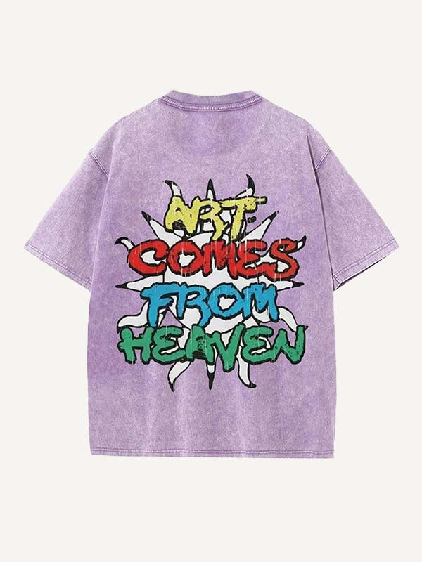 Distressed Washed Sun&Letter Print Round Neck T-shirt