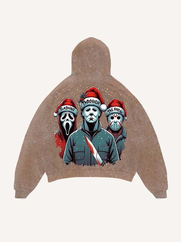 Distressed Washed Christmas Horror Print Slant Pockets Hoodie