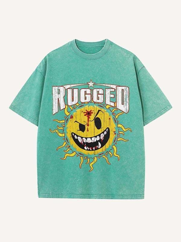 Distressed Washed Evil Sun&Letter Print Round Neck T-shirt