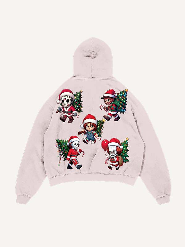 Distressed Washed Christmas Horror Print Slant Pockets Hoodie