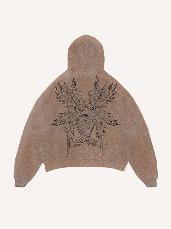 Distressed Washed Wing&Eye&Tears&Graphic Print Slant Pockets Hoodie