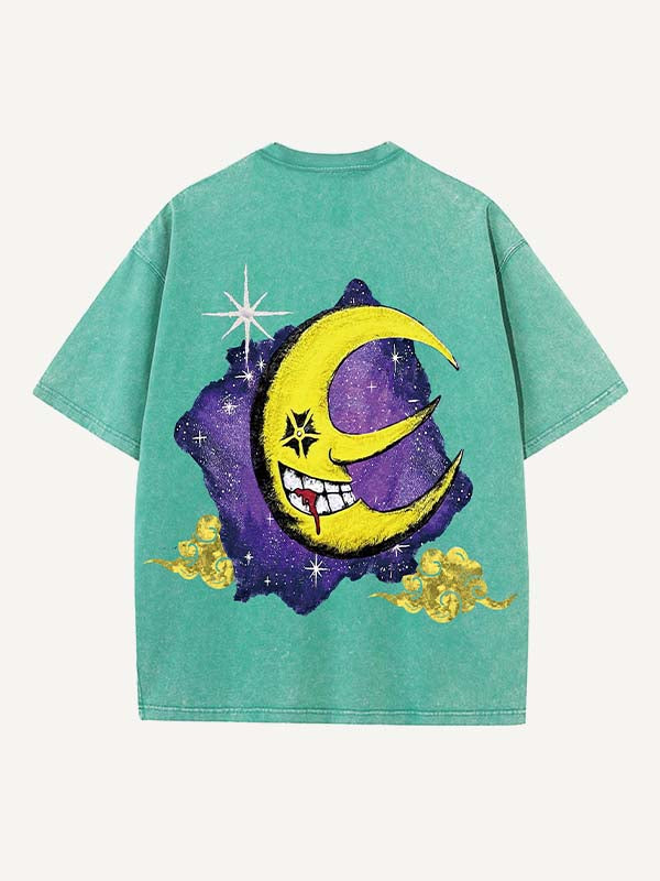 Distressed Washed Evil Sun&Moon&Cloud&Graphic Print Round Neck T-shirt