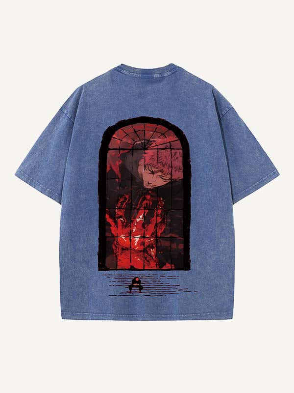 Distressed Washed Figure&Graphic&Fire Print Round Neck T-shirt