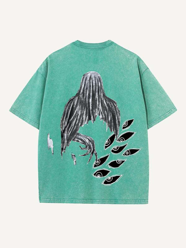 Distressed Washed Figure&Eye&Fire&Graphic Print Round Neck T-shirt