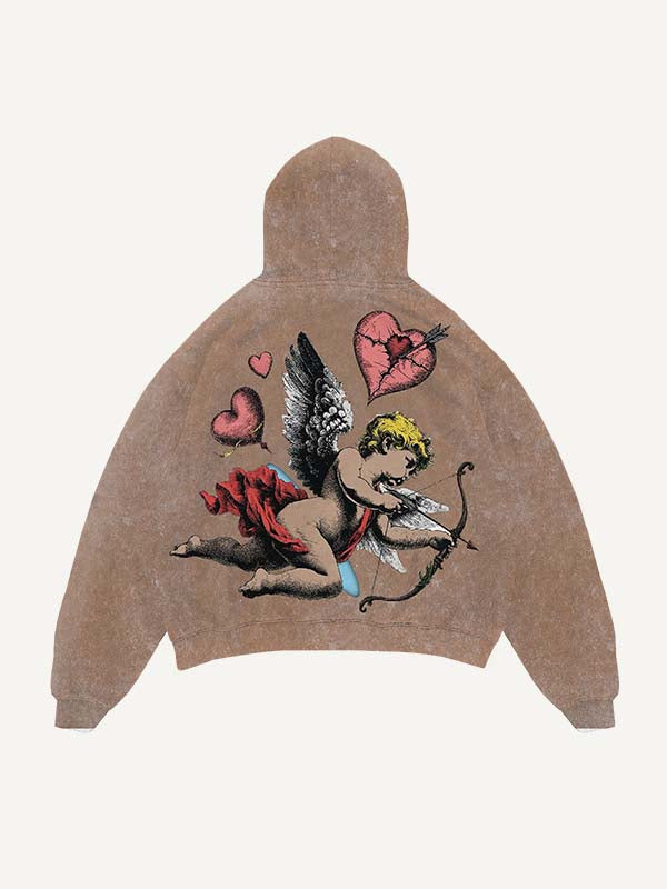 Distressed Washed Cupid&Heart Print Slant Pockets Hoodie