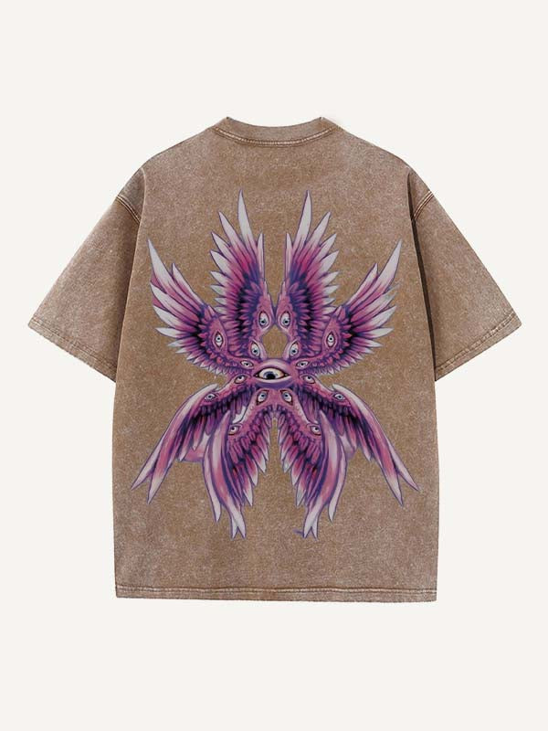 Distressed Washed Eye&Wing Print Round Neck T-shirt