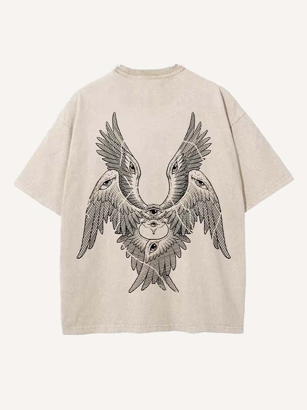 Distressed Washed Wing&Eye&Graphic Print Round Neck T-shirt
