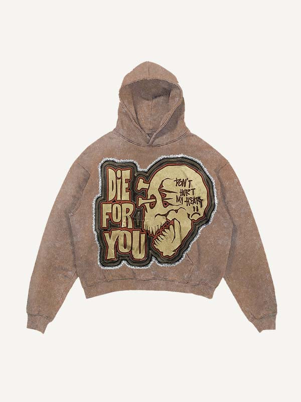 Distressed Washed Die For You Skull Faux Decal Print Slant Pockets Hoodie