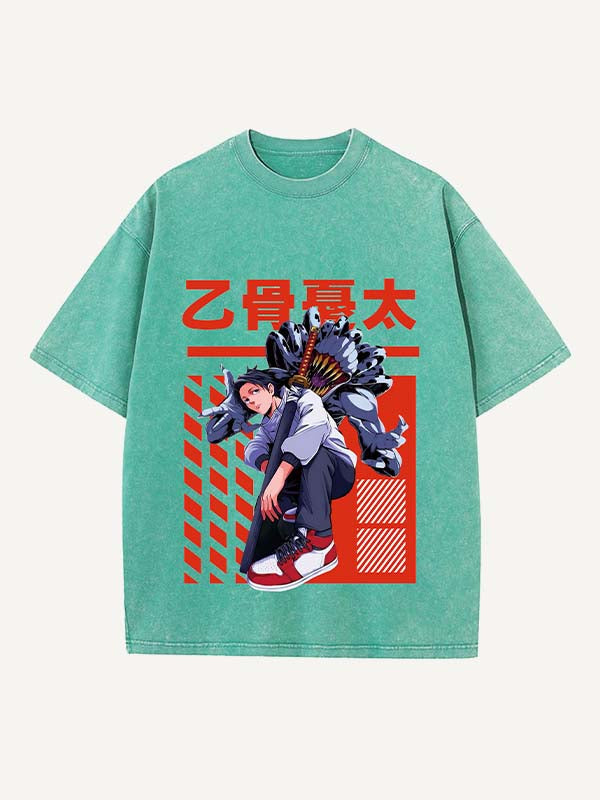 Distressed Washed Figure&Sword&Monsters&Letter Print Round Neck T-shirt