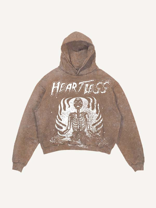 Distressed Washed Heartless Skeleton&Letter Print Slant Pockets Hoodie