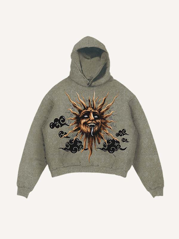 Distressed Washed Evil Moon&Sun&Cloud&Star Print Slant Pockets Hoodie