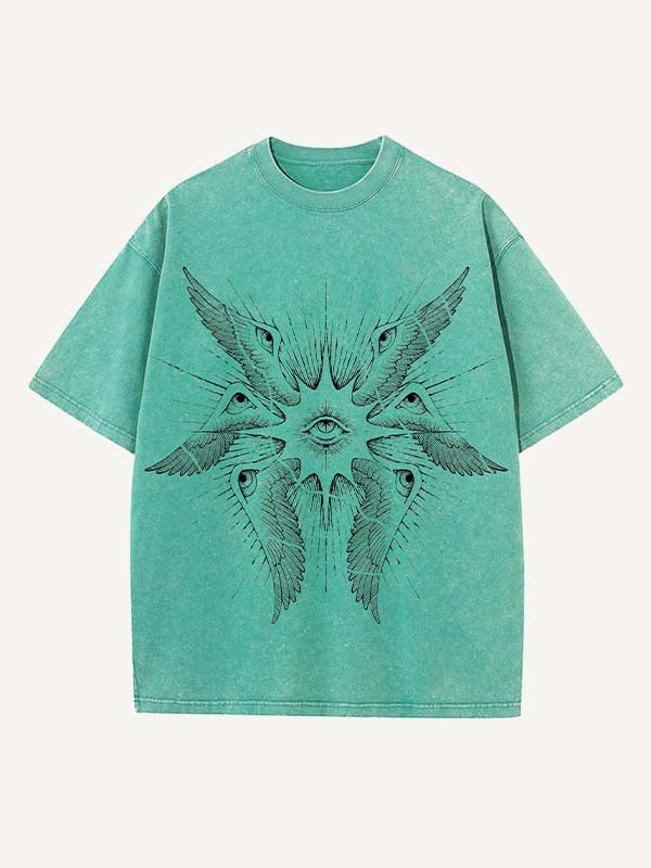 Distressed Washed Wing&Eye&Graphic Print Round Neck T-shirt