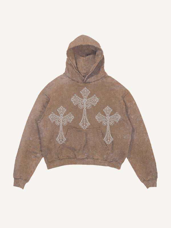 Distressed Washed Wing&Cross Faux Rhinestones Print Slant Pockets Hoodie
