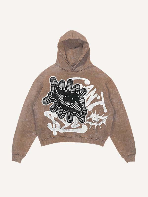 Distressed Washed Eye&Letter Faux Decal Print Slant Pockets Hoodie
