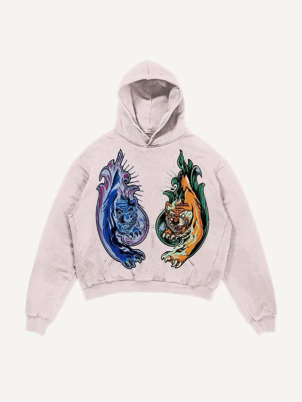 Distressed Washed Tiger&Snake&Panther Print Slant Pockets Hoodie