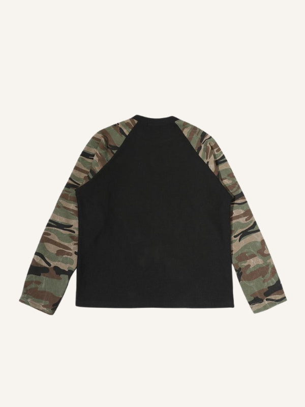 Camo Splicing Letter Print V Neck Long-sleeved T-shirt