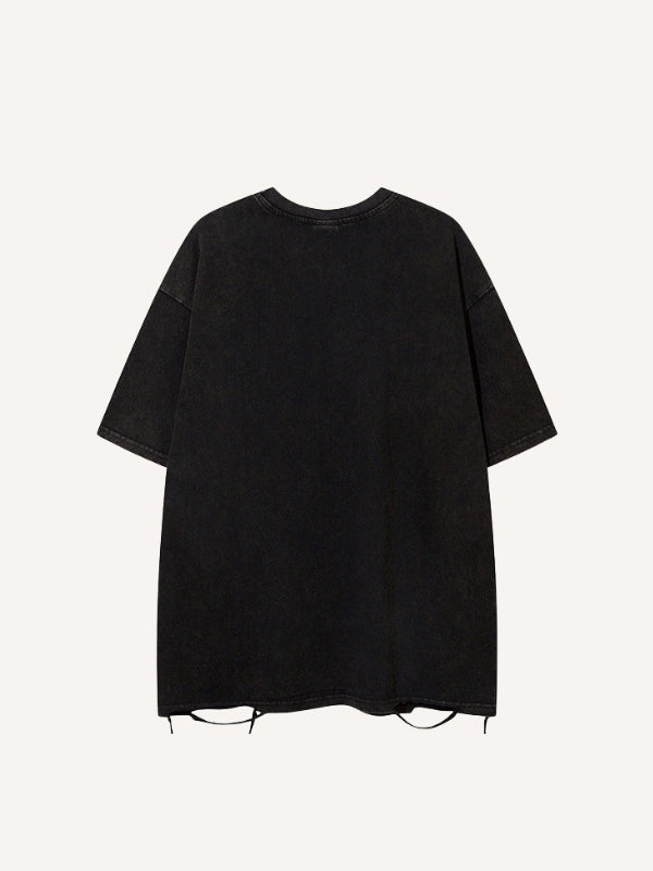 Distressed Washed Letter&Car Print Hole Round Neck T-shirt