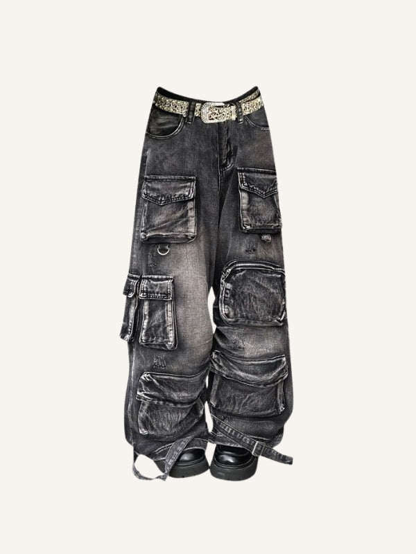 Distressed Washed Solid Color Multiple Pockets Jeans