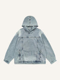 Distressed Washed Solid Color Denim Hoodie