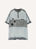 Colorblock Star Embroidery Half Zip Denim T-shirt